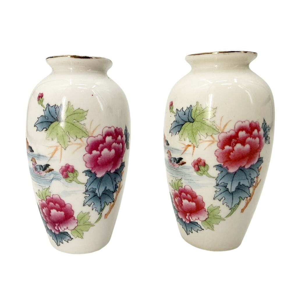 vintage pair small white flower Bud Vases gold trim floral China peonies ducks